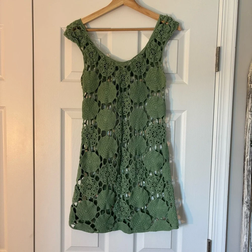 Vintage Gianni Bini Kelly Green Crochet Dress Swim Coverup Summer Boho L Concert - Picture 5 of 5
